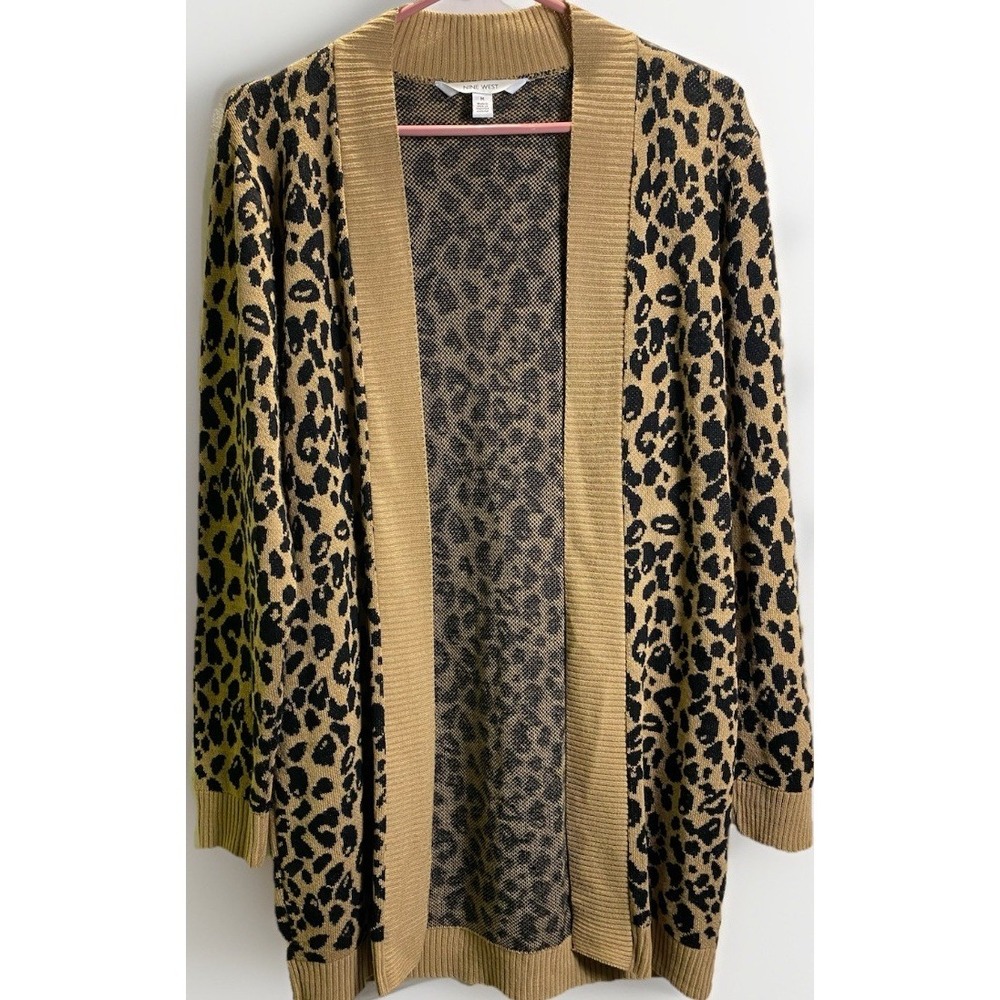 Nine West Womens Leopard Print Open Front Cardigan Sweater Tan Black Medium